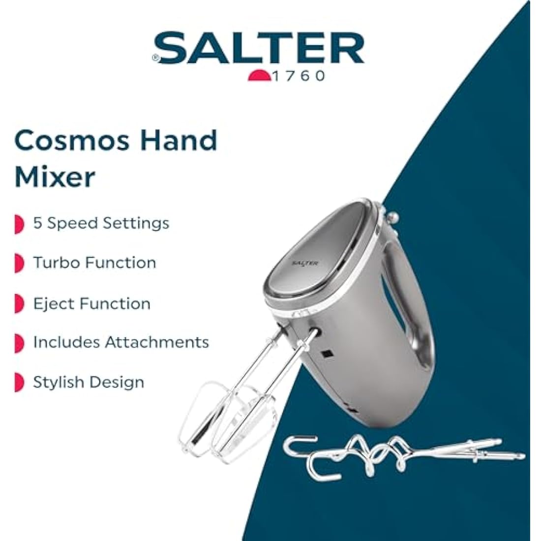 Salter Cosmos Hand Mixer – 300W Electric Whisk with Dough Hooks, Grey
