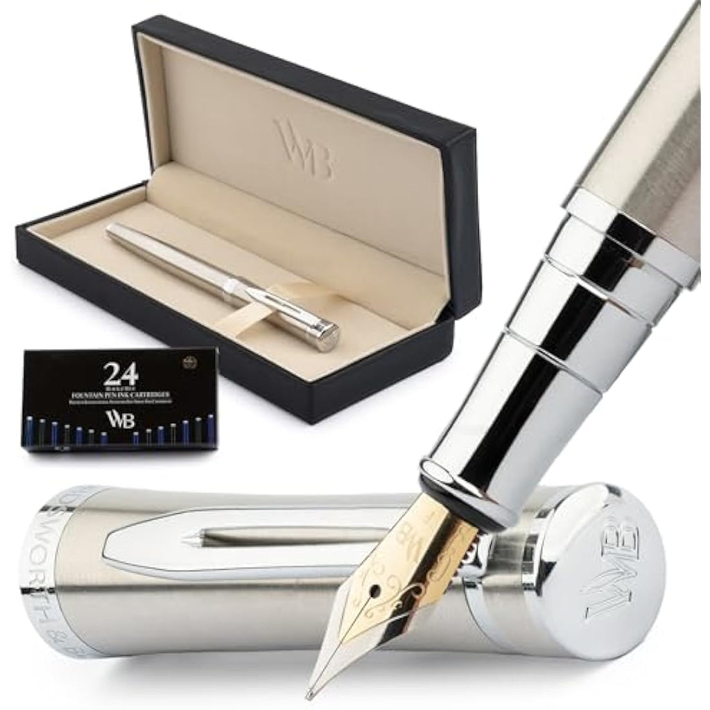 Wordsworth & Black Fountain Pen Set - Silver Chrome Fine Nib with Ink