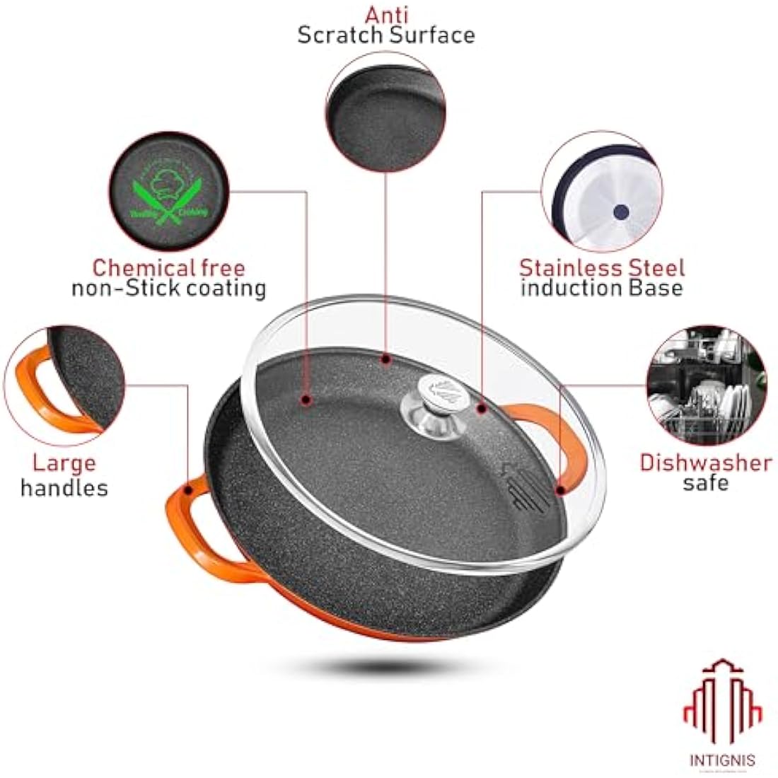 Ceramic Non-Stick Paella Pan with Glass Lid – Orange, 36cm