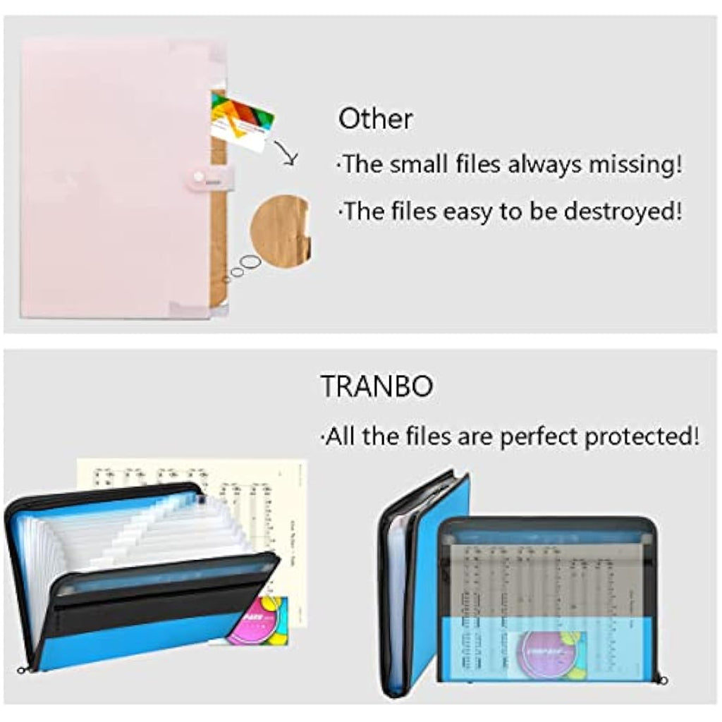 Tranbo A4 Expanding File Folder with Zipper - 2 Pack Blue Document Organizer
