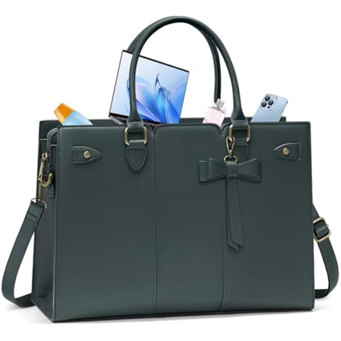 RAINSMORE 15.6 Inch Laptop Tote Bag – PU Leather Work Handbag, Dark Green
