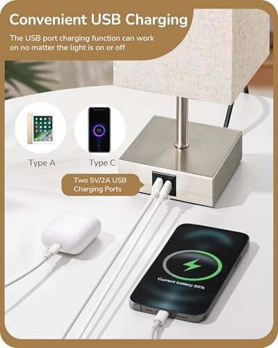 EDISHINE Touch Bedside Lamps Set of 2 | 3-Way Dimmable with USB A+C