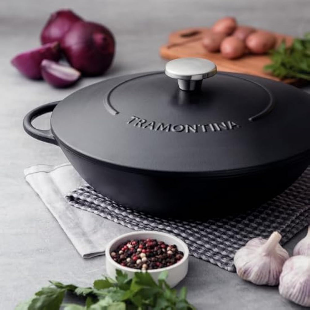 Tramontina Enamelled Cast Iron Wok with Lid | 32 cm, 5L - Black