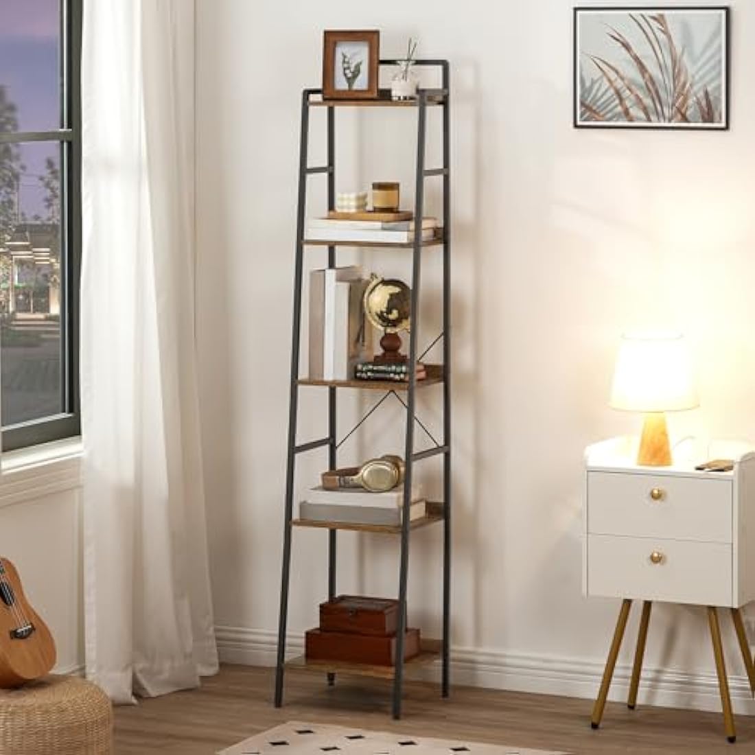 HOOBRO 5-Tier Ladder Shelf – Narrow Industrial Bookcase, Rustic Brown