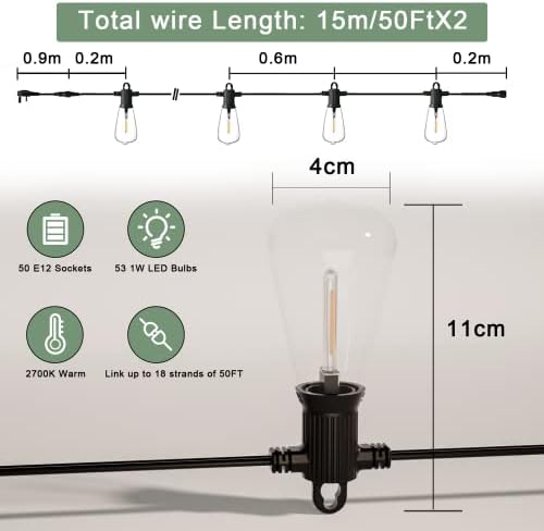 Zuske 30M Outdoor Festoon Lights | 50+3 Shatterproof ST38 Bulbs | IP65