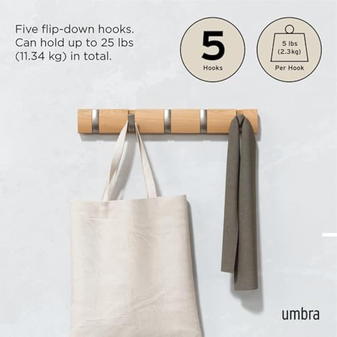 Umbra Flip 5-Hook Wall Mounted Coat Rack – Modern Natural Wood Hanger