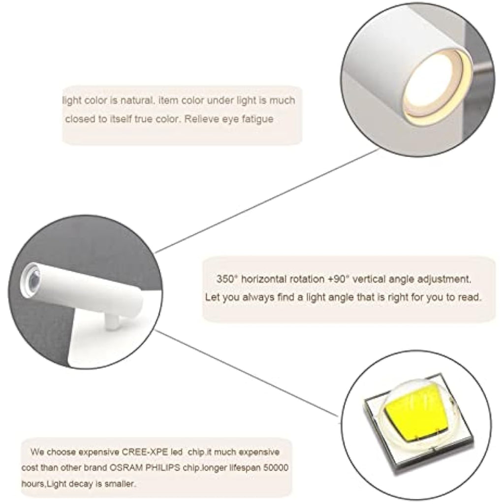 uksunvi LED Bedside Reading Wall Lamp – 12W Adjustable Spotlight, White