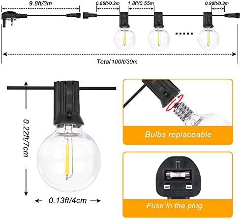 DSLebeen 100ft LED Festoon Lights | 50+2 Shatterproof G40 Bulbs | 2700K