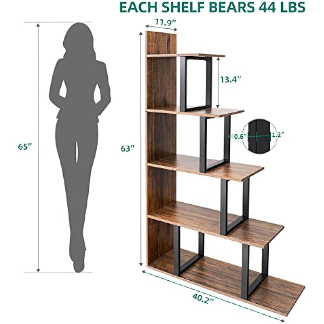 YITAHOME 5-Tier L-Shape Corner Bookshelf | Industrial Storage Display Rack