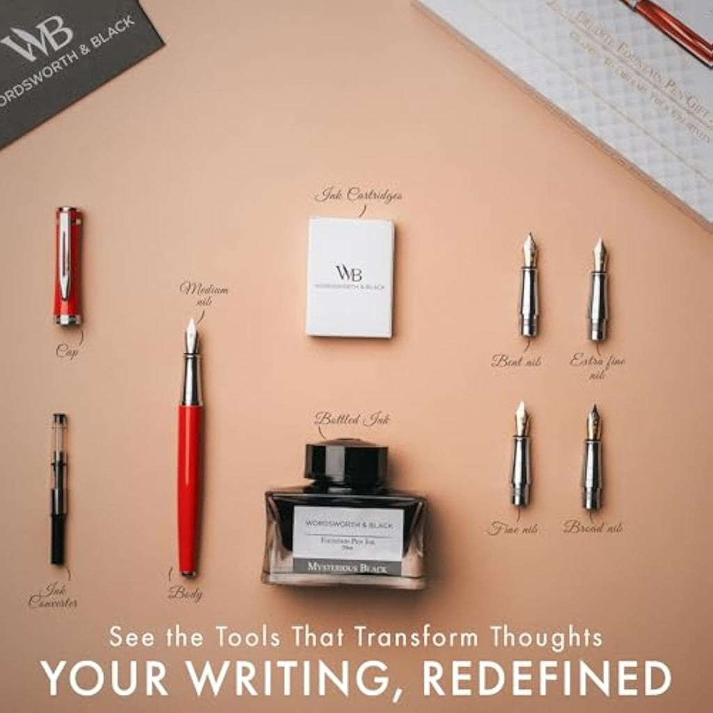 Wordsworth & Black Fountain Pen Gift Set with Ink and Nibs – Red Chrome