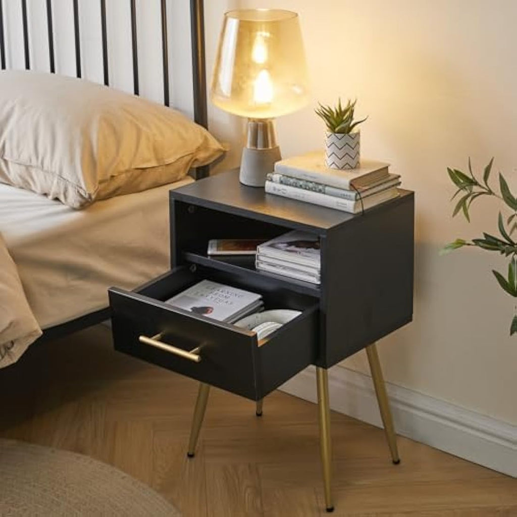 IBUYKE Mid-Century Modern Nightstand | 2-Tier Black End Side Table