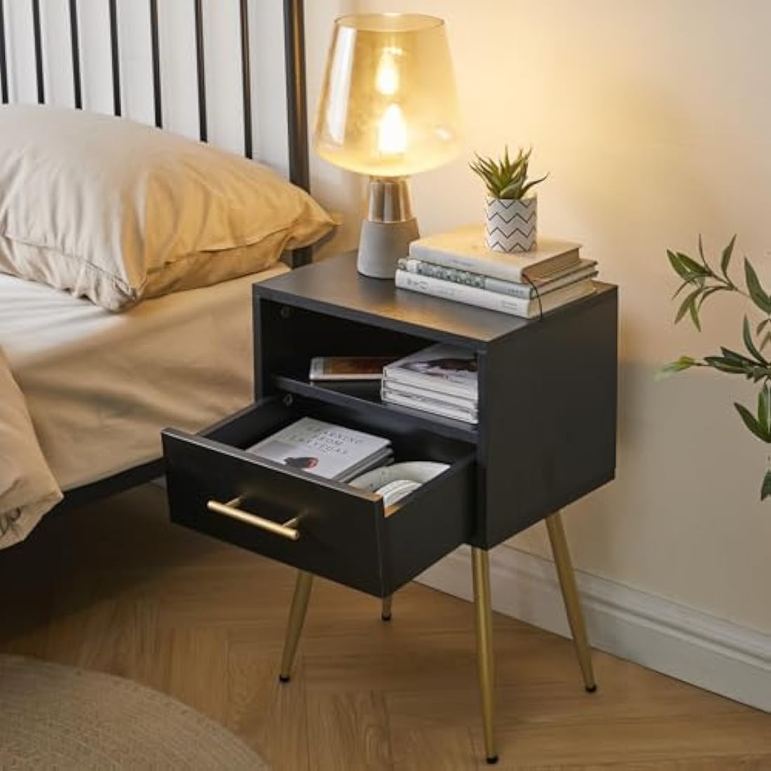 IBUYKE Mid-Century Modern Nightstand | 2-Tier Black End Side Table