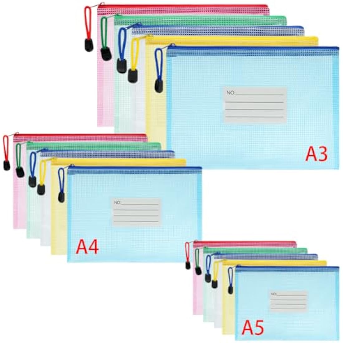 Vicloon 15Pcs Mesh Document Wallets | A3 A4 A5 Waterproof Zip Folders
