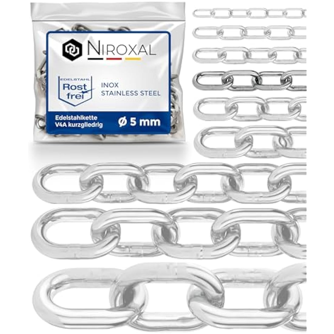 NietFullThings 5mm V4A Stainless Steel Chain – 12m Short-Linked DIN 766