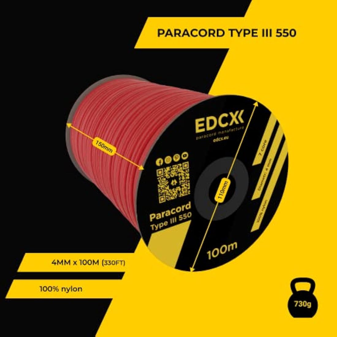 EDCX 550 Paracord Type III – 4mm Nylon Survival Rope for DIY & Camping