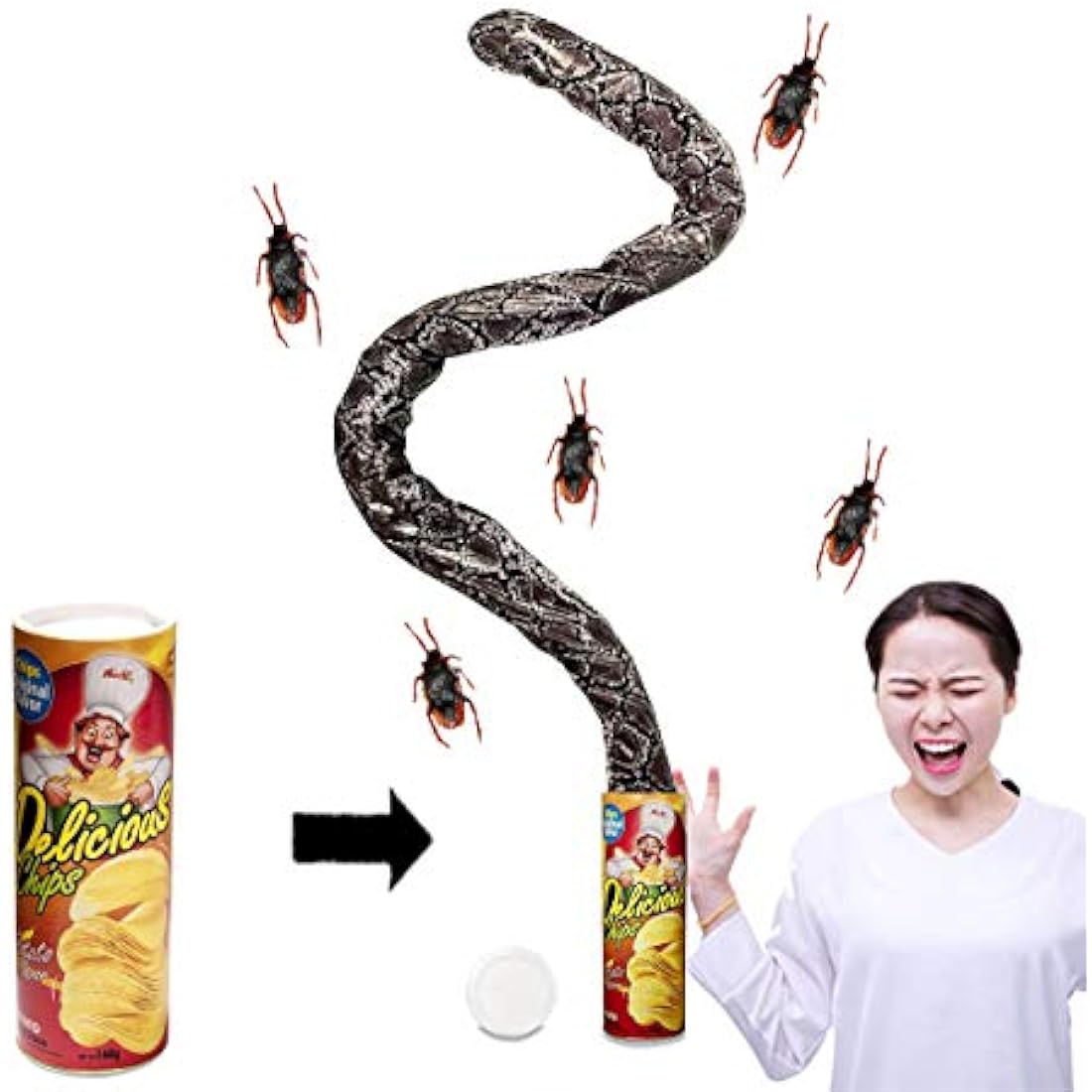 Potato Chip Snake Can Prank Toy with 5 Fake Cockroaches