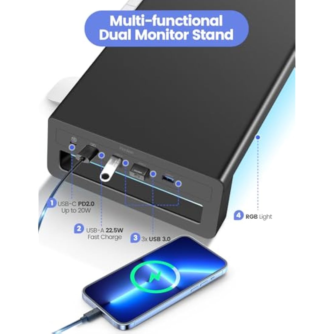 Vaydeer Dual Monitor Riser – Metal Desk Stand with RGB & USB 3.0 Hub