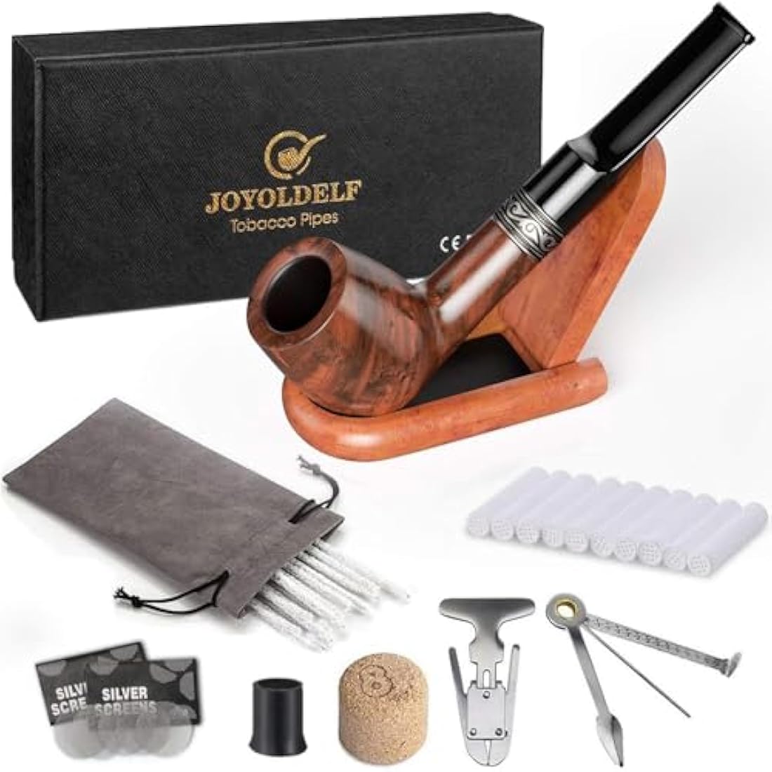 Joyoldelf Rosewood Tobacco Pipe Set – Mahogany Smoking Pipe with Stand