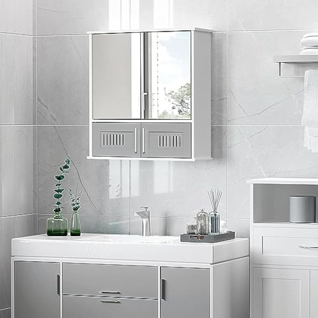 Kleankin Grey Bathroom Mirror Cabinet | Wall Mounted Storage Cupboard