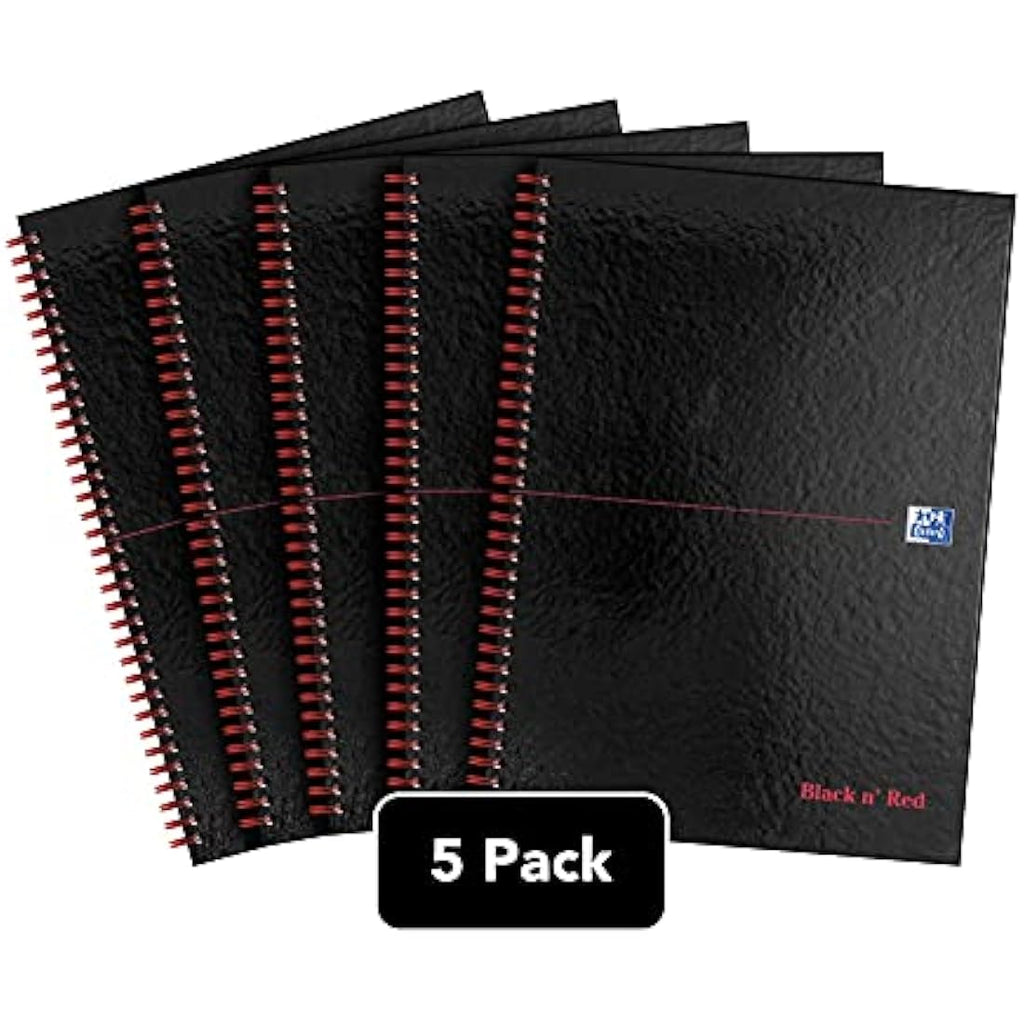 Oxford Black n' Red A4 Wirebound Notebook, Lined Hardback - 5 Pack