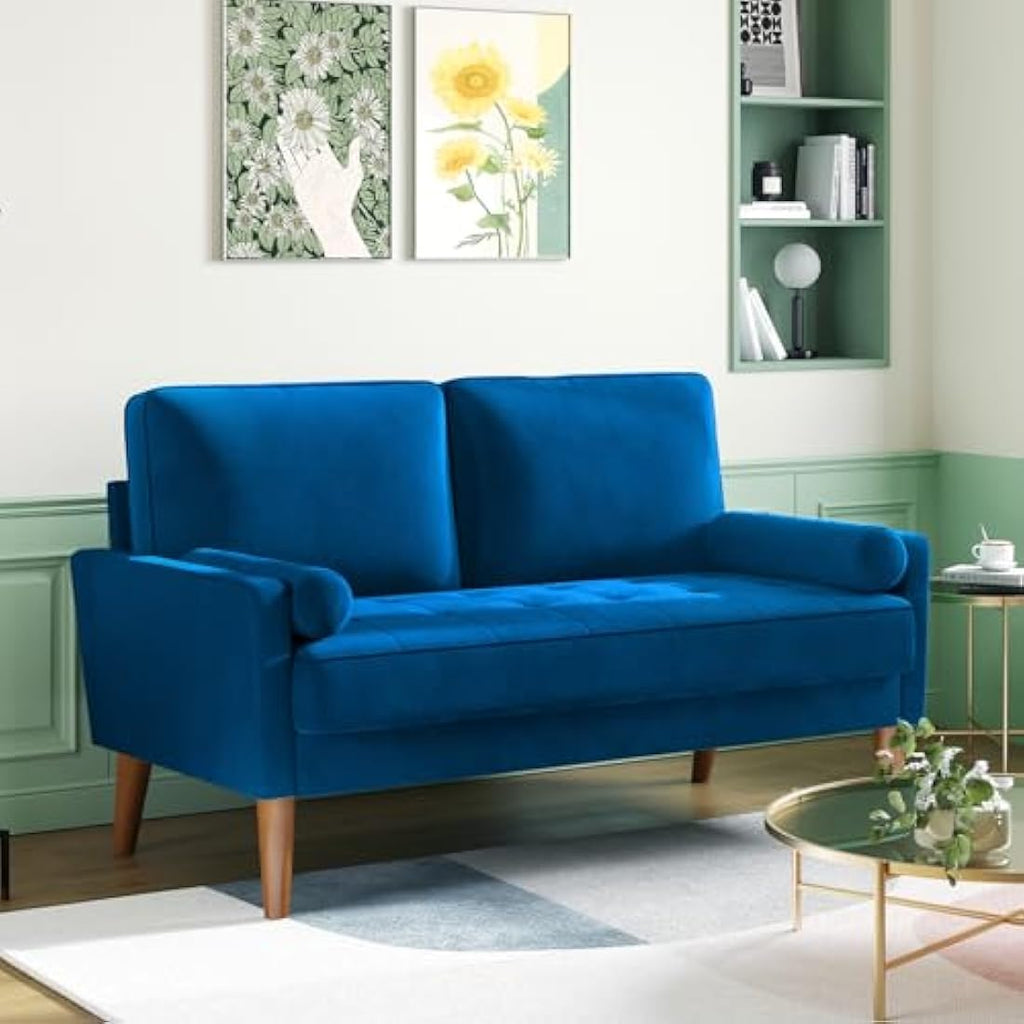 Vesgantti 2 Seater Blue Velvet Sofa – Modern Loveseat with Wood Legs