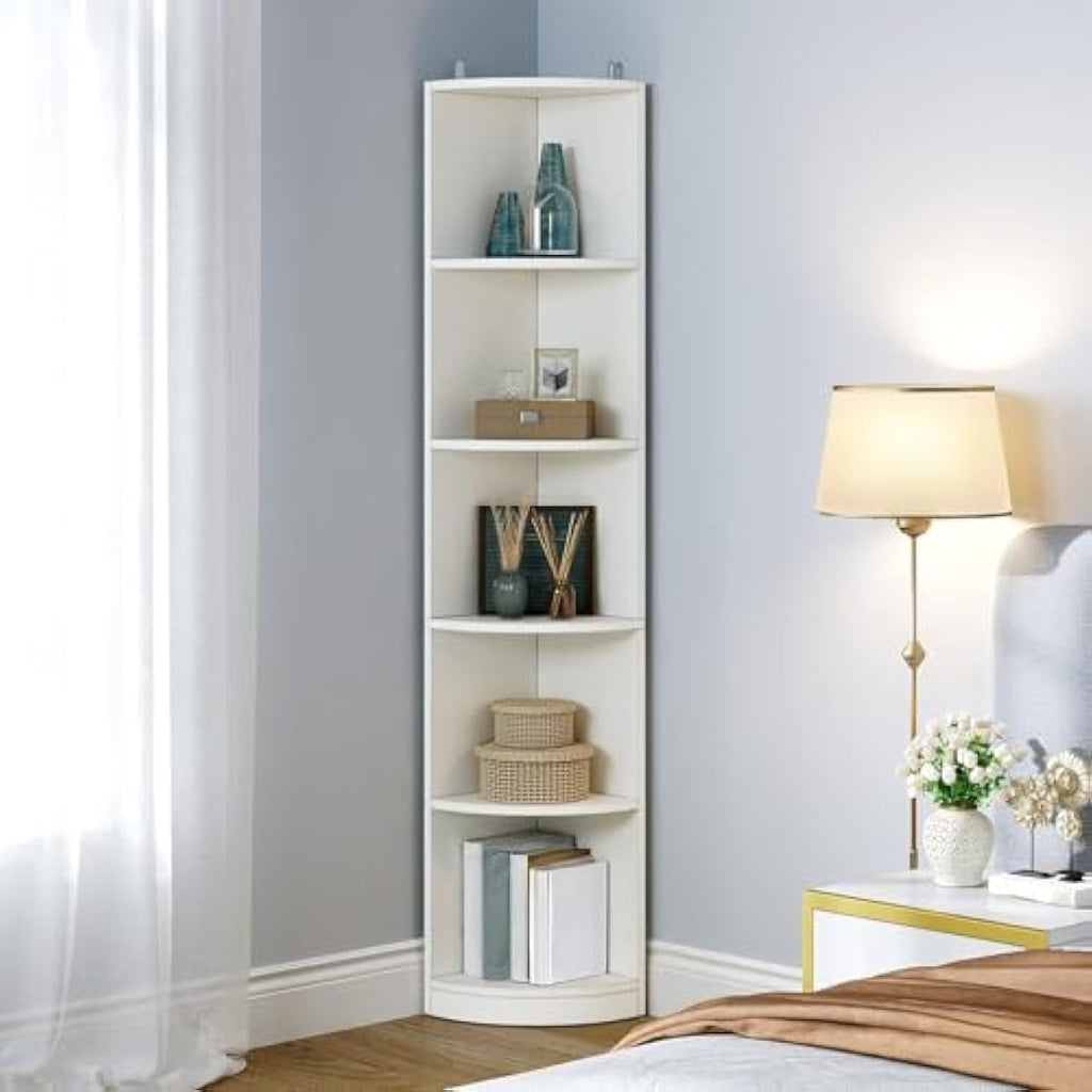 YITAHOME 5-Tier Corner Bookshelf – Modern White Wooden Display Shelf