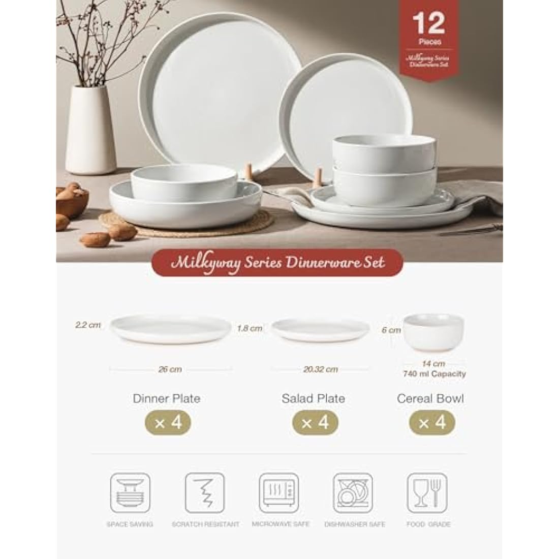 Richmount Milkyway 12-Piece Speckled Stoneware Dinnerware Set, White
