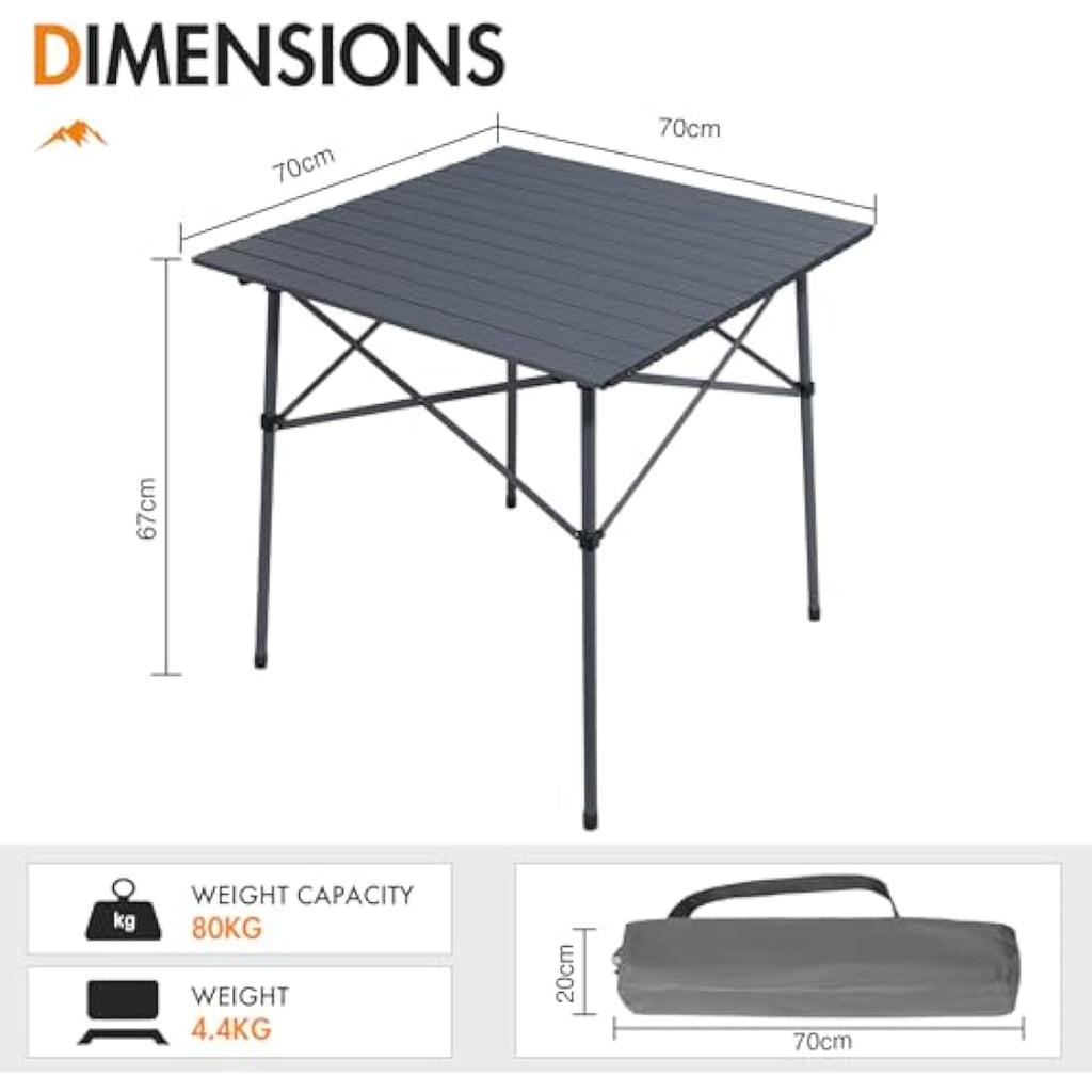 Portal Aluminum Folding Camping Table | 70x70cm Square Roll Up Picnic Table