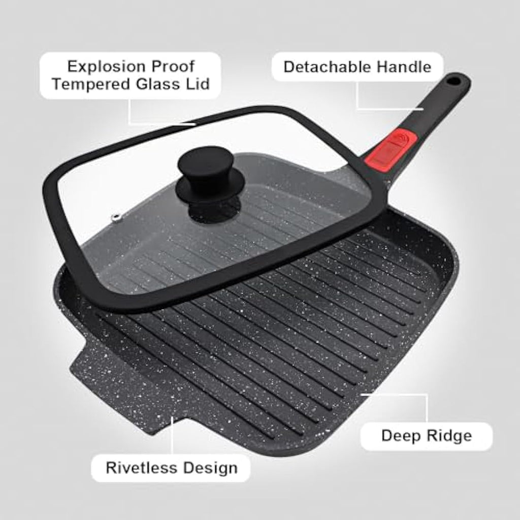 RANX INGST Non-Stick Griddle Pan with Lid | 26cm Cast Aluminium Steak Pan