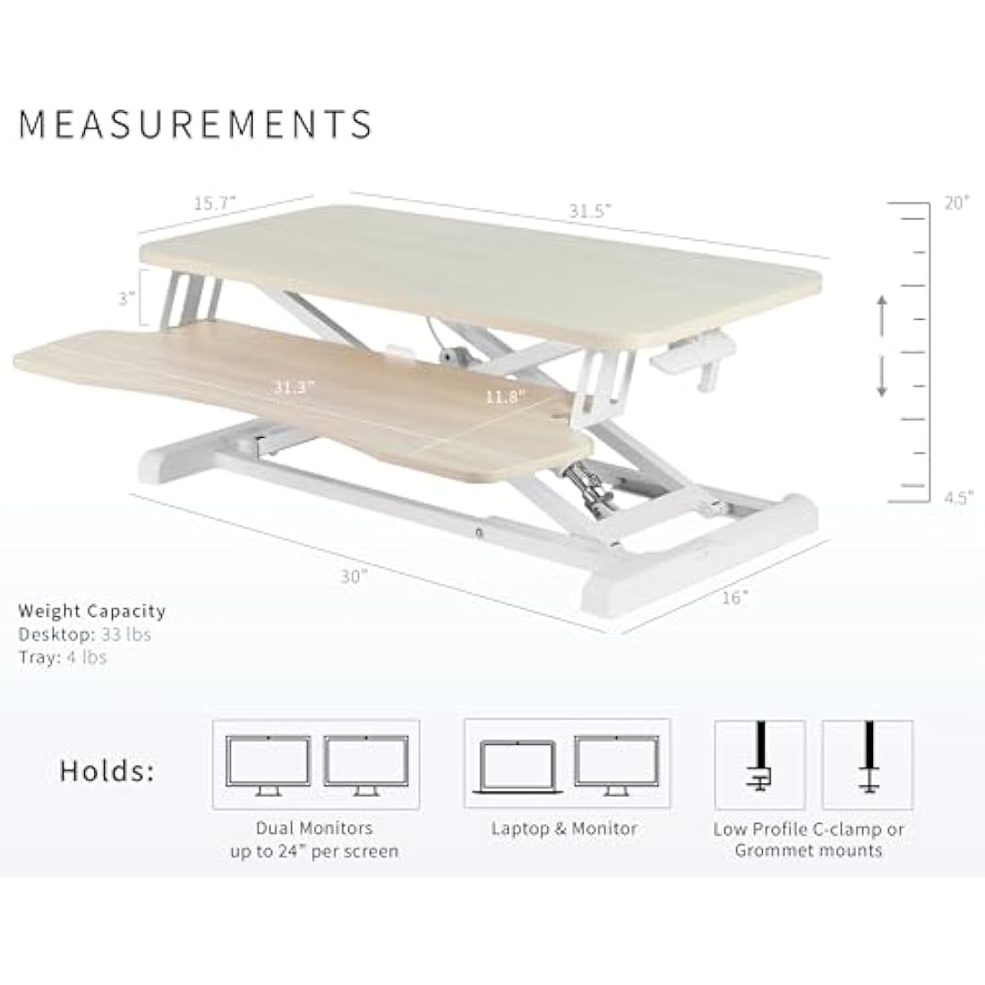 VIVO 81cm Height Adjustable Desk Converter | Light Wood & White