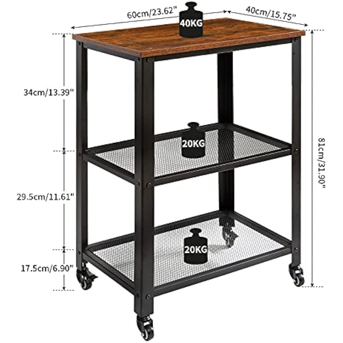 IBUYKE Industrial 3-Tier Serving Cart – Rolling Kitchen Utility Trolley