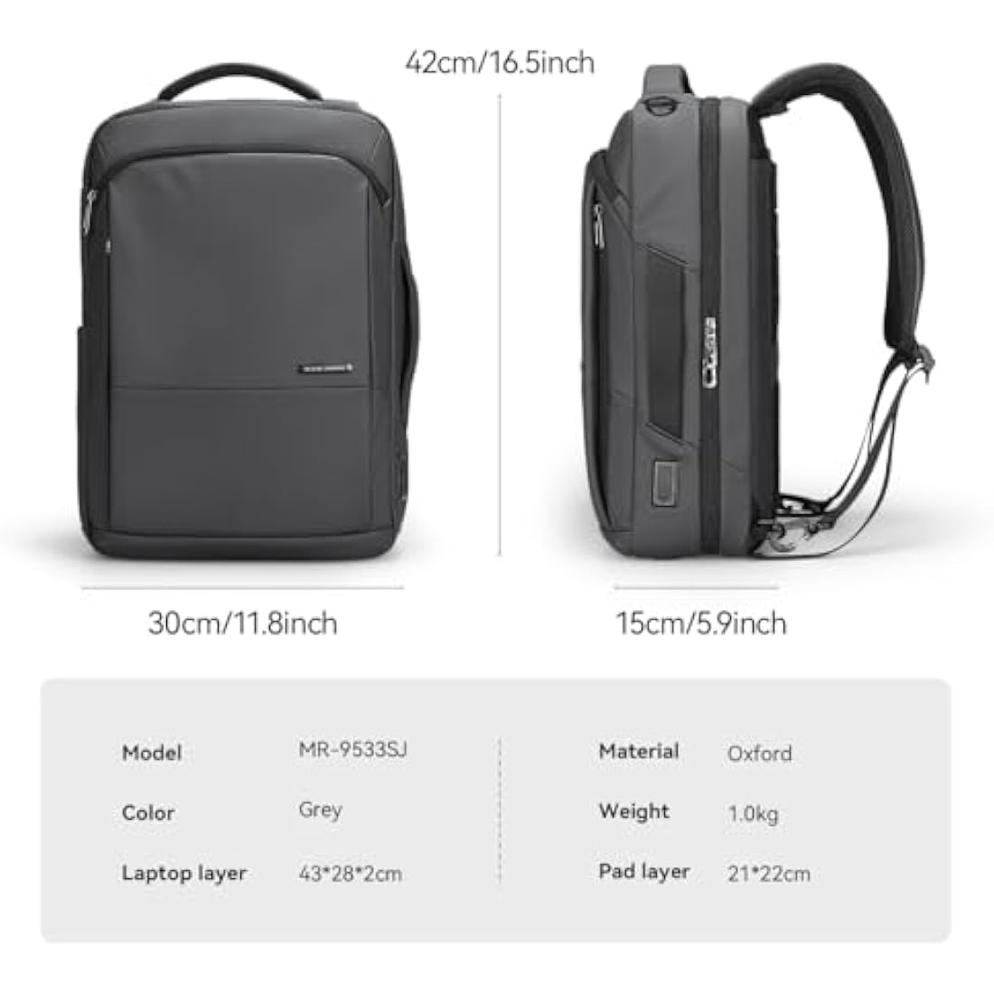Mark Ryden 3-in-1 Convertible Laptop Backpack | 15.6 Inch USB Bag - Grey