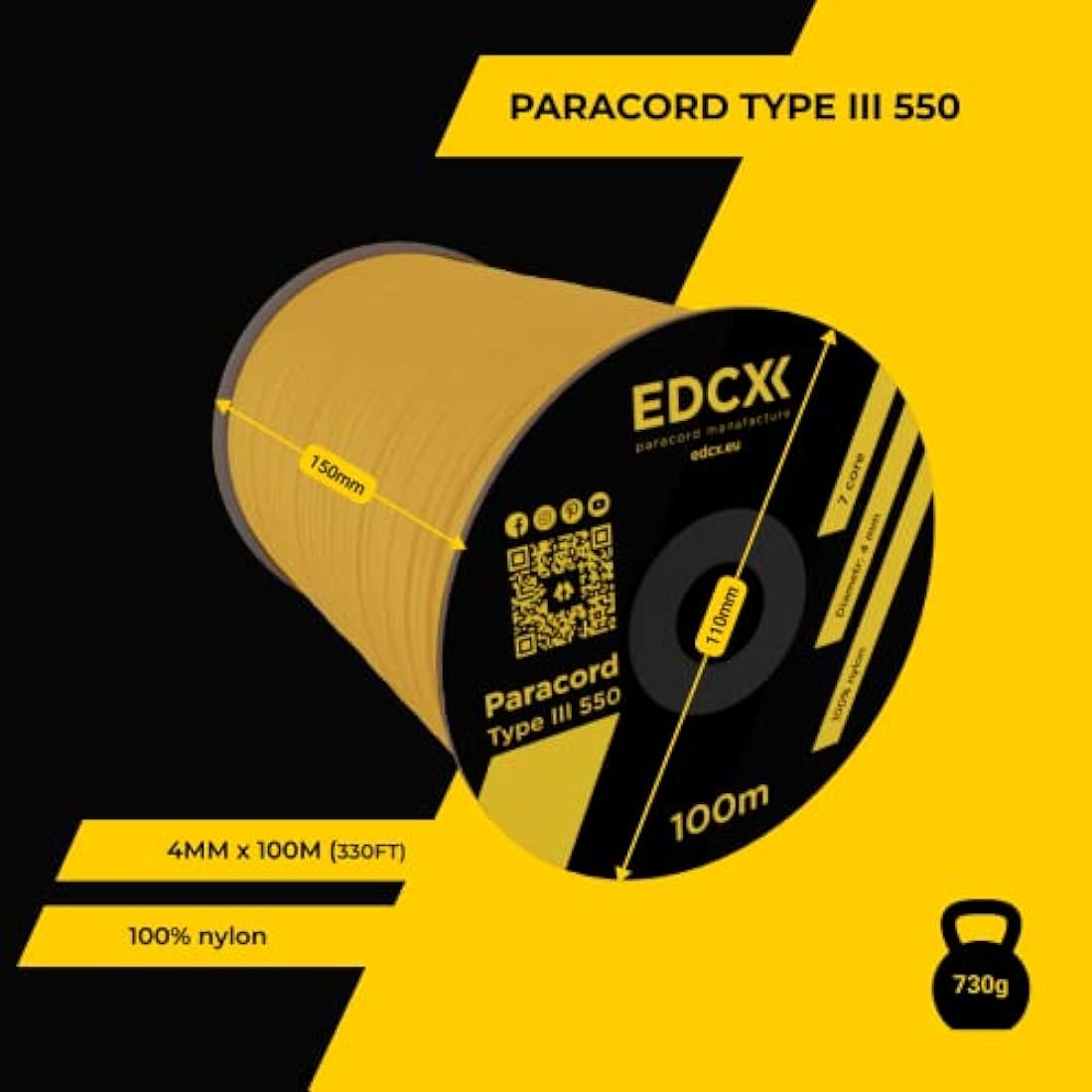 EDCX 550 Paracord – 4mm 7-Strand Nylon Rope for Camping and DIY