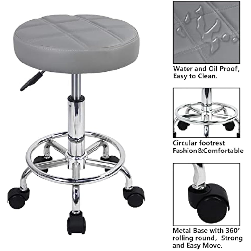 KKTONER Round Rolling Stool - Gray PU Leather Adjustable Swivel Chair