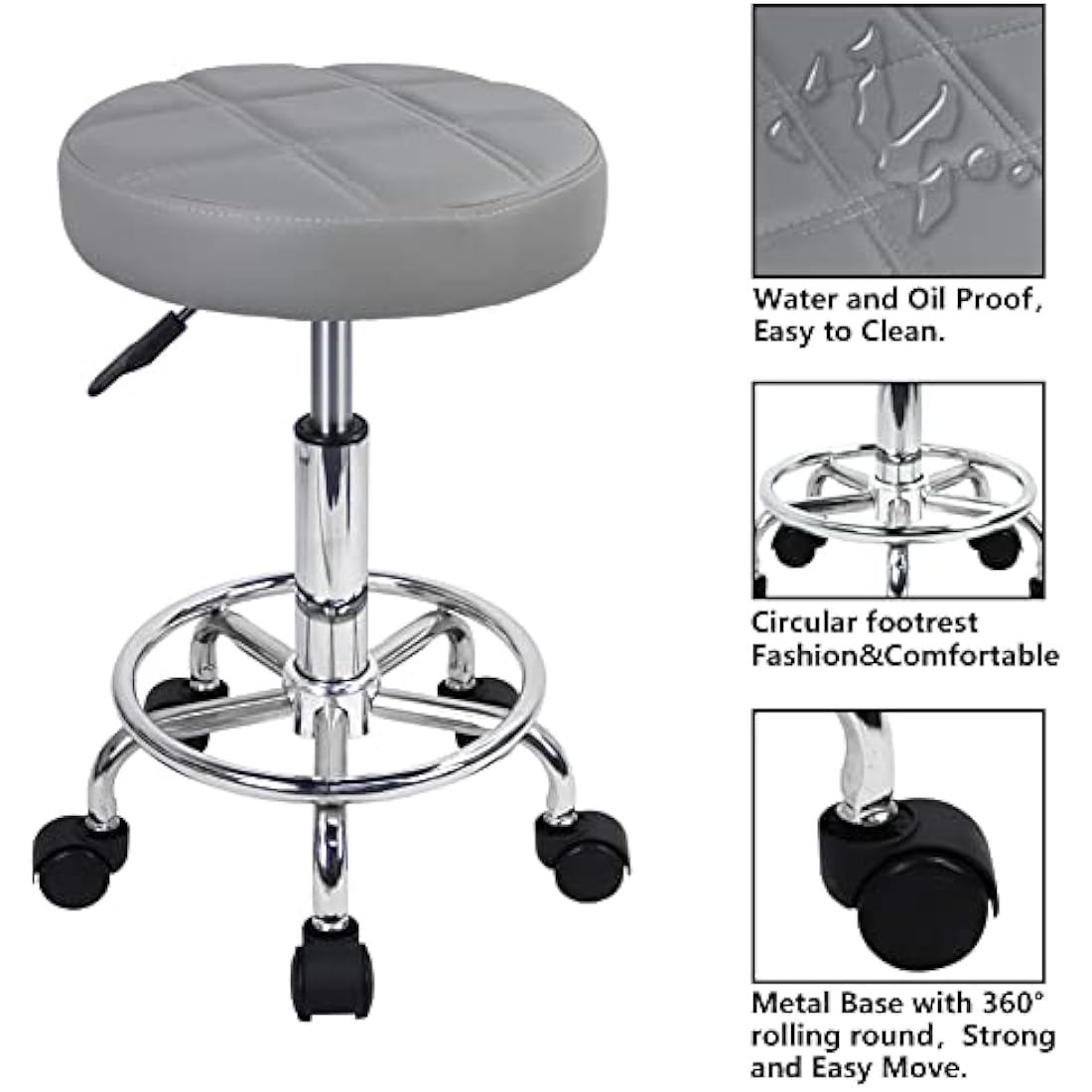 KKTONER Round Rolling Stool - Gray PU Leather Adjustable Swivel Chair