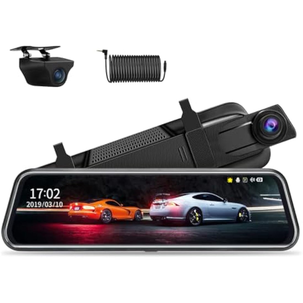 Jansite 10 Inch Mirror Dash Cam | 1080P Dual Front and Rear Night Vision