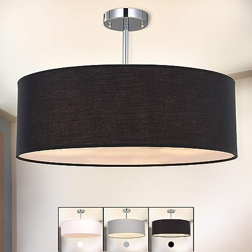 SPARKSOR Modern Black Drum Fabric Pendant Light - 3-Bulb Flush Mount