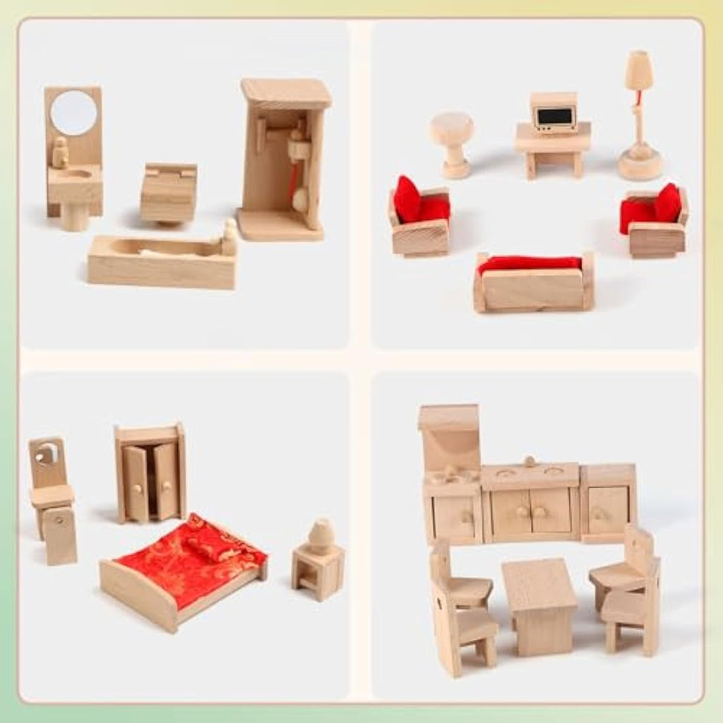 KABENFIS 39-Piece Wooden Dollhouse Furniture Set with 6 Family Dolls