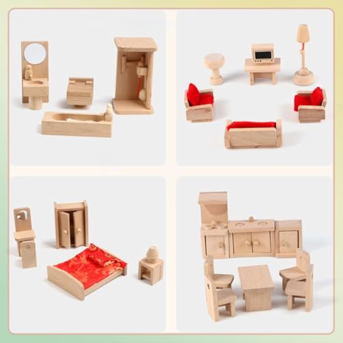 KABENFIS 39-Piece Wooden Dollhouse Furniture Set with 6 Family Dolls