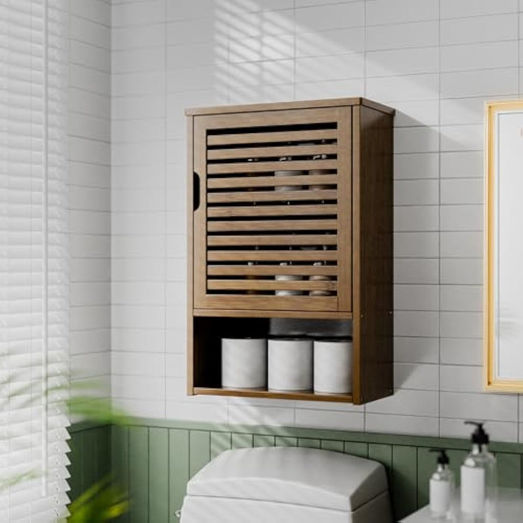 HITNET Bamboo Medicine Cabinet – Wall Mounted Bathroom Storage, Walnut