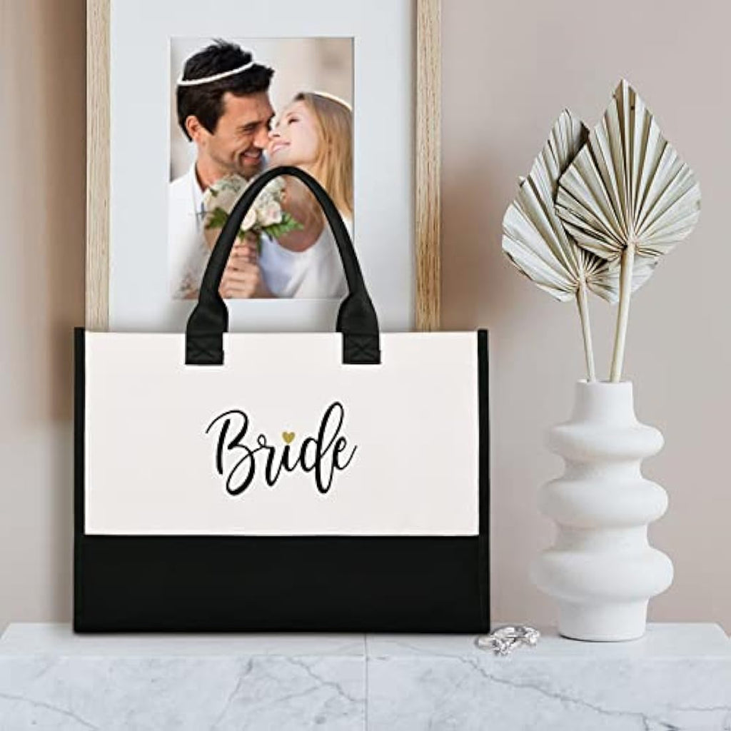 Bride Canvas Tote Bag with Makeup Bag – Black and White