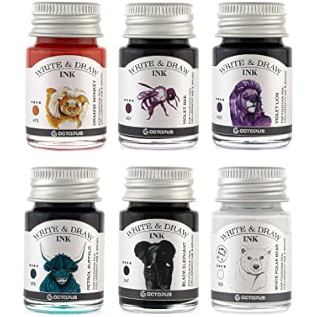 Octopus Write & Draw Waterproof Fountain Pen Ink Set - 6 x 10ml Basic Mix