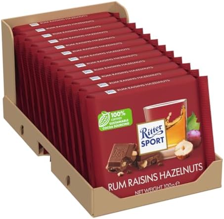 Ritter Sport Rum Raisins & Hazelnuts Chocolate Bar, 100g - Case of 12