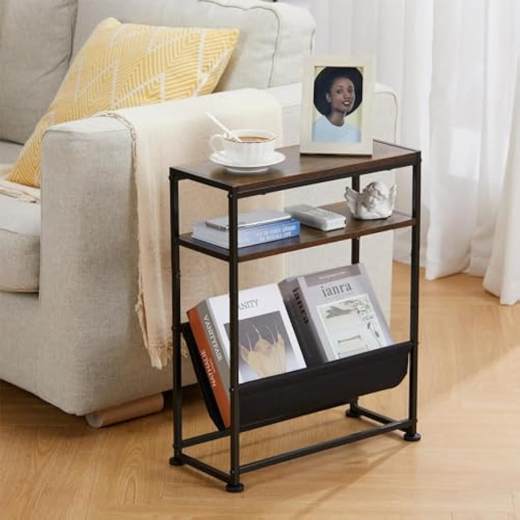 ZEXVIDA Narrow End Table with Magazine Holder – Slim Industrial Side Table