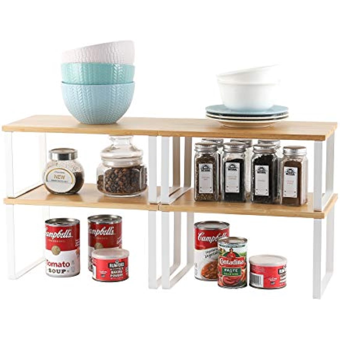 Bamboo Kitchen Shelf Organizer | 4-Pack Stackable White Rack