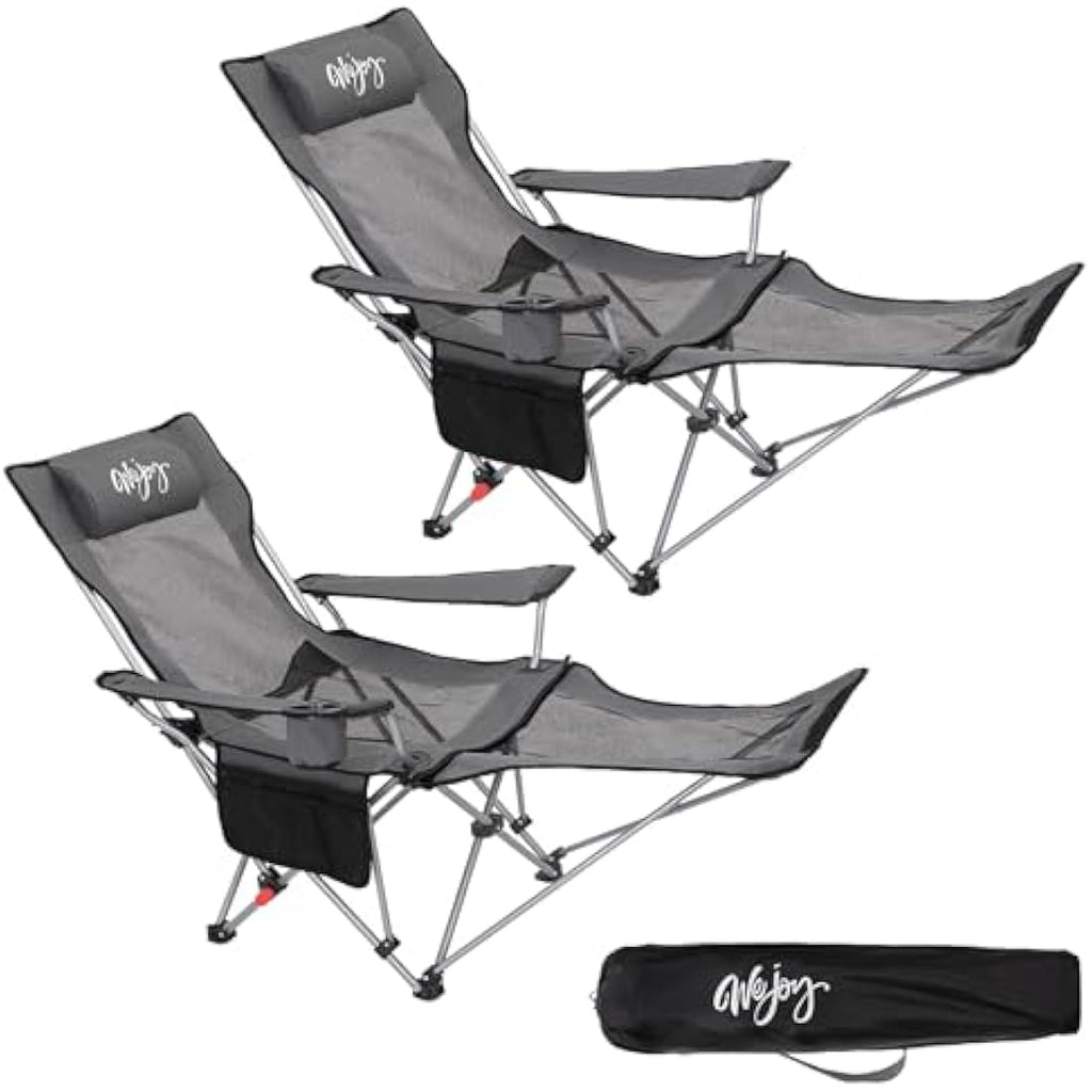 WEJOY Folding Recliner Camping Chairs with Footrest, Grey Black – Set of 2