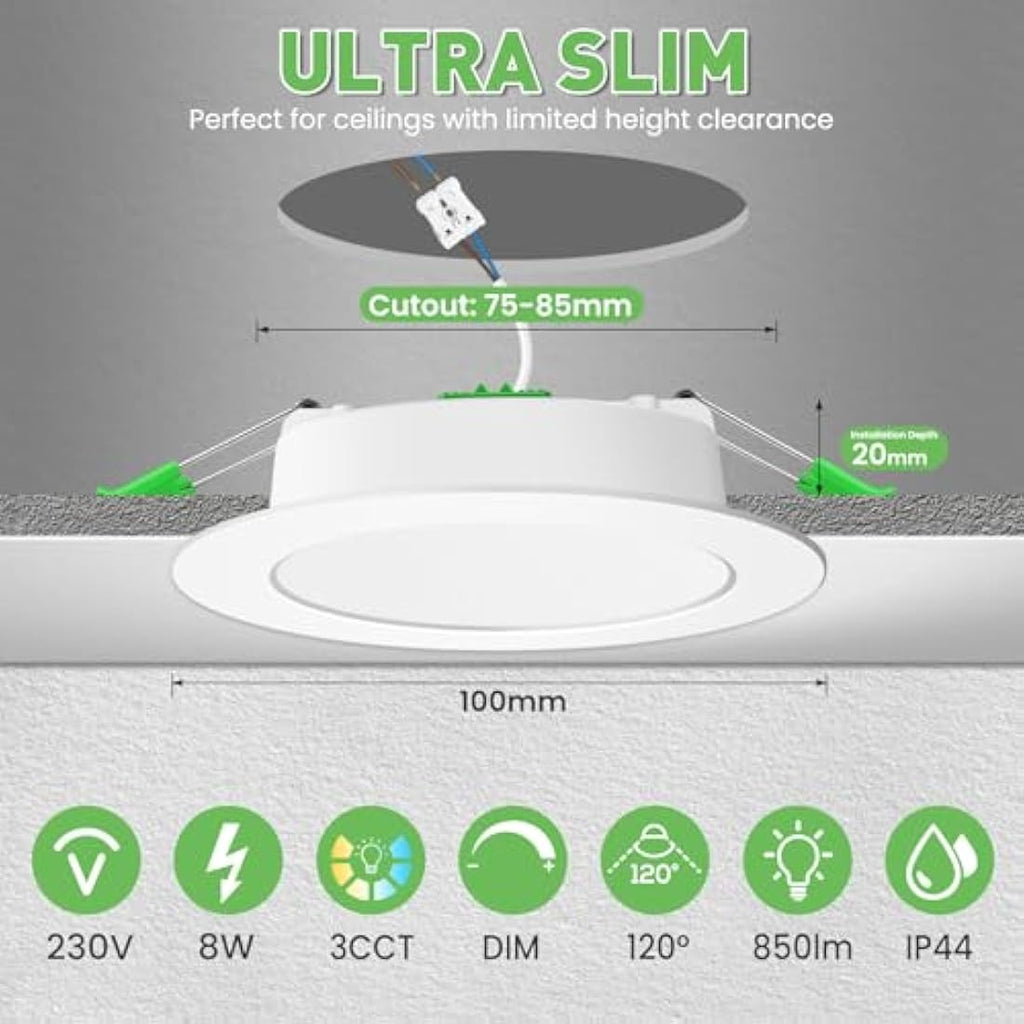 ALUSSO LED Downlights 8W Dimmable 3CCT IP44 Recessed Ceiling Lights, 6 Pack