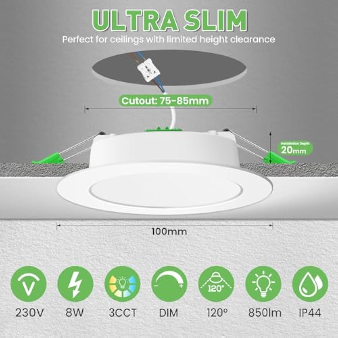 ALUSSO LED Downlights 8W Dimmable 3CCT IP44 Recessed Ceiling Lights, 6 Pack