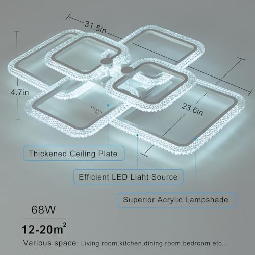 HiHiHomy Modern LED Ceiling Light | 6-Square Dimmable Crystal Acrylic Lamp