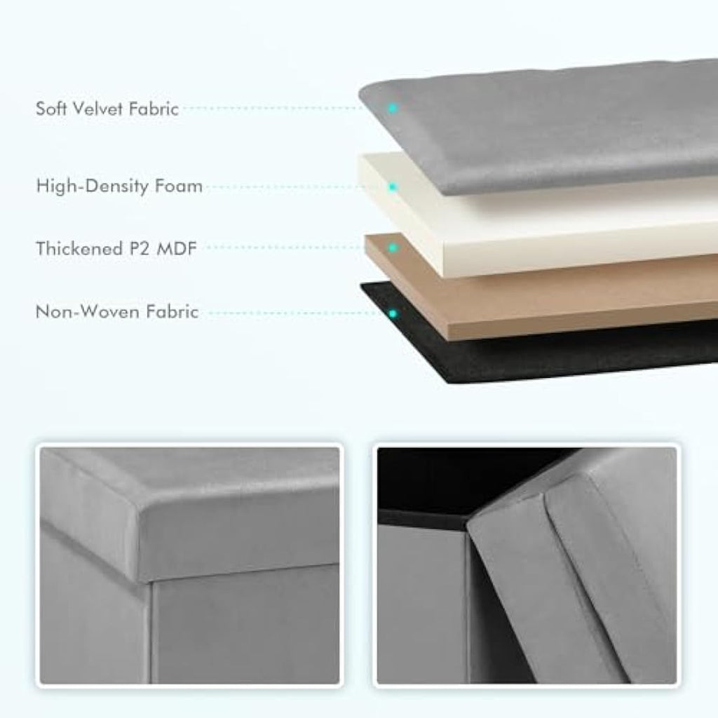 Grey Velvet Folding Storage Ottoman Chair with Backrest